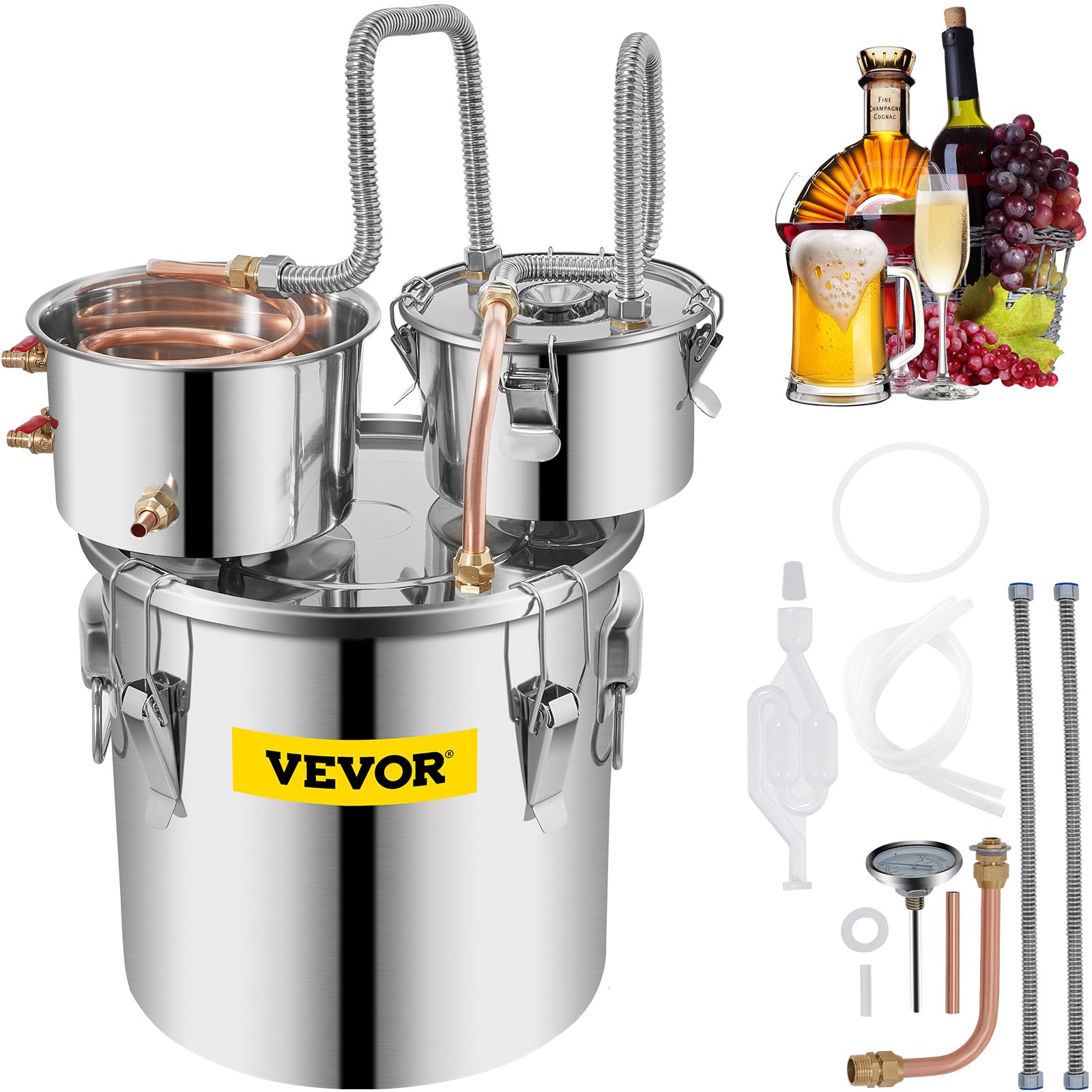 VEVOR alambic face complète montrant kit et accessoires, praticité