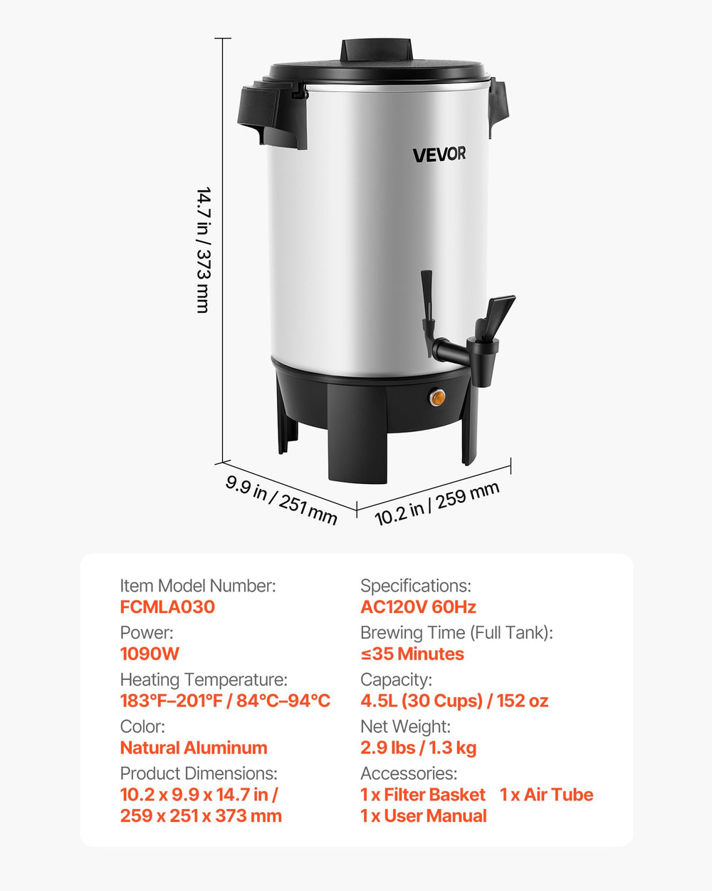 VEVOR urne à côté de tasses pour visualiser capacité 30 tasses