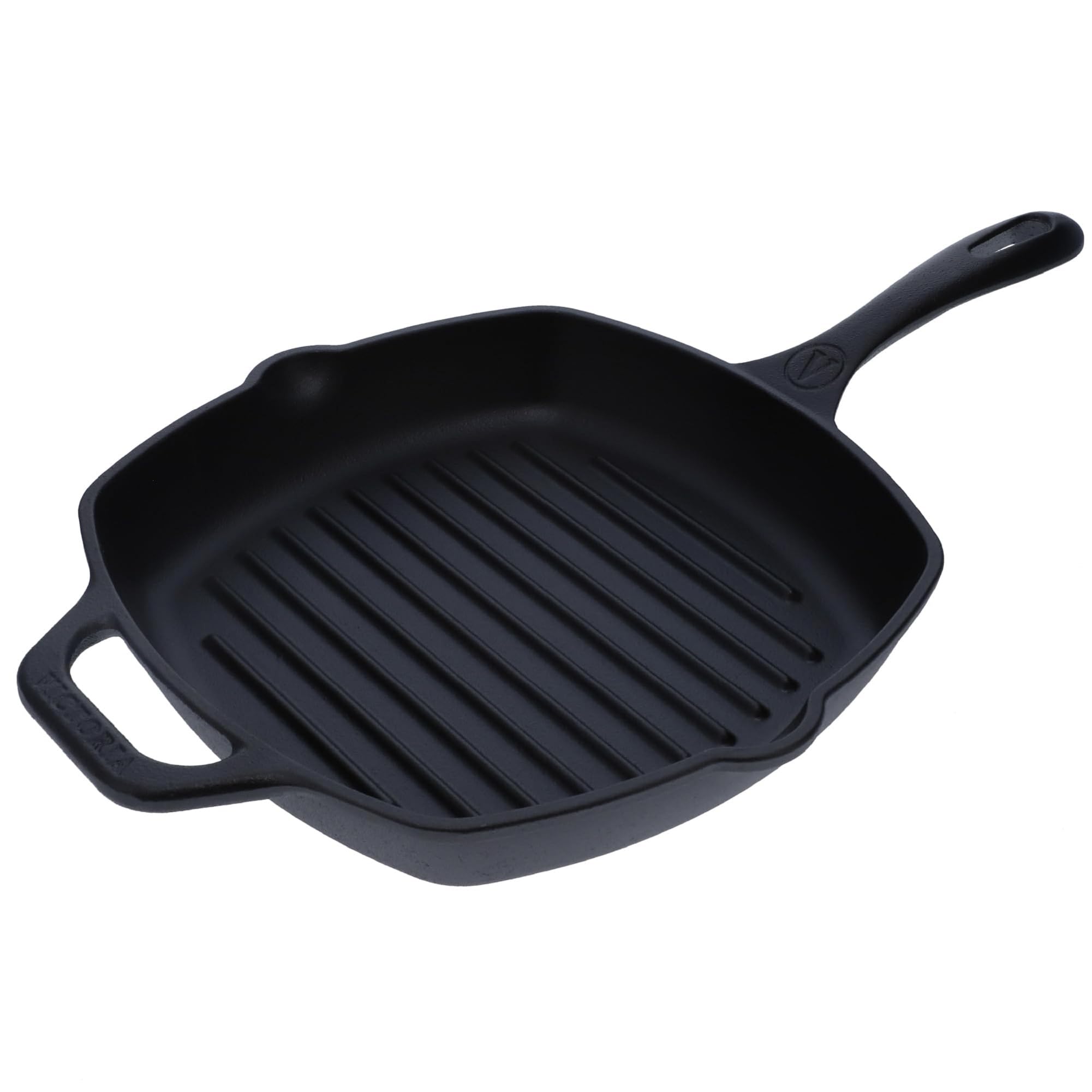 Victoria poêle-grill face avant montrant la forme carrée et les rainures, excellente répartition chaleur