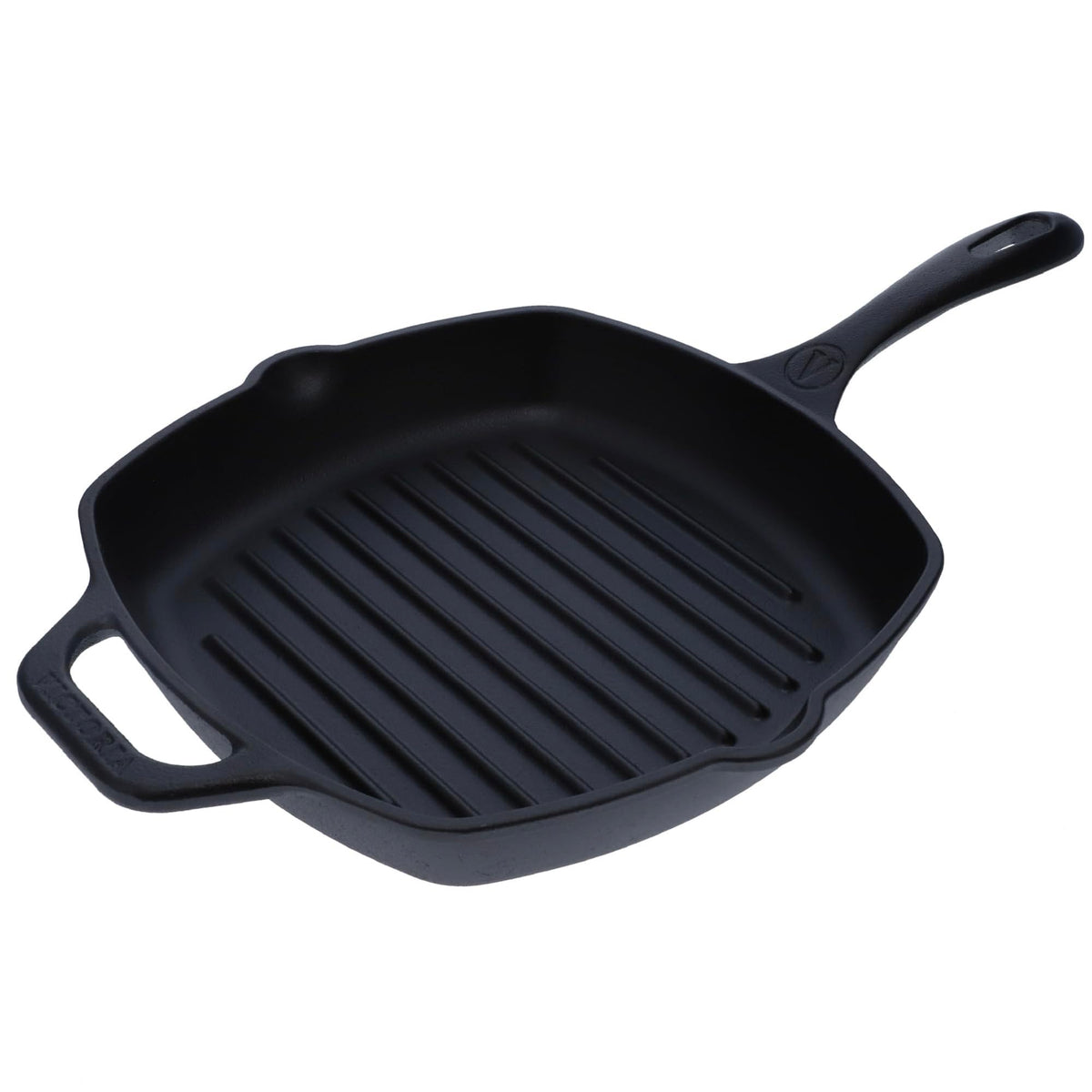 Victoria poêle-grill face avant montrant la forme carrée et les rainures, excellente répartition chaleur