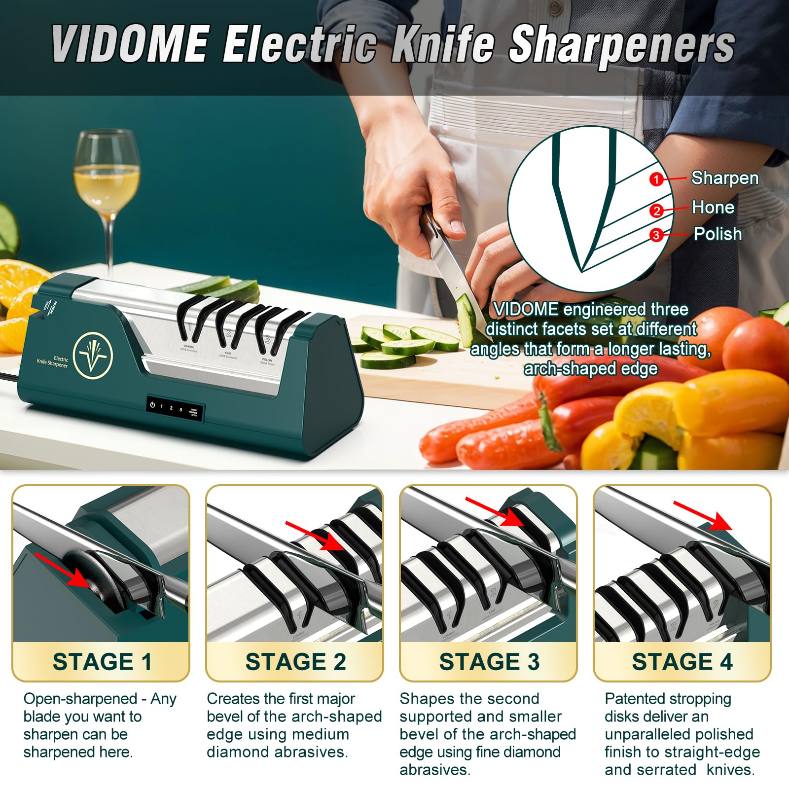 VIDOME RE007 en usage sur un couteau de chef démontrant performance