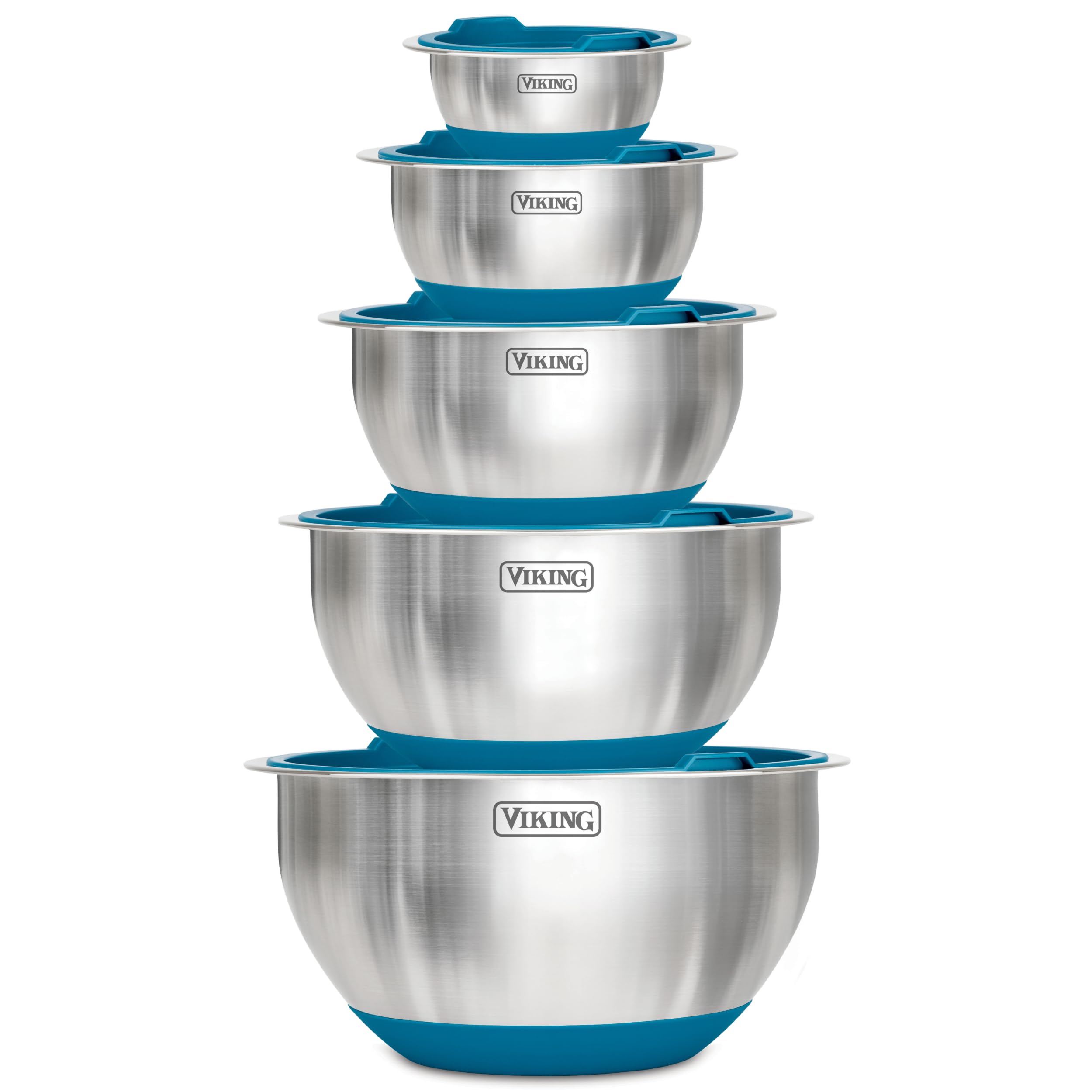 viking vue frontale des bols avec couvercles teal, rangement optimisé