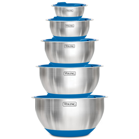 Viking ensemble de bols face avant montrant finition inox et bases colorées pour cuisine organisée