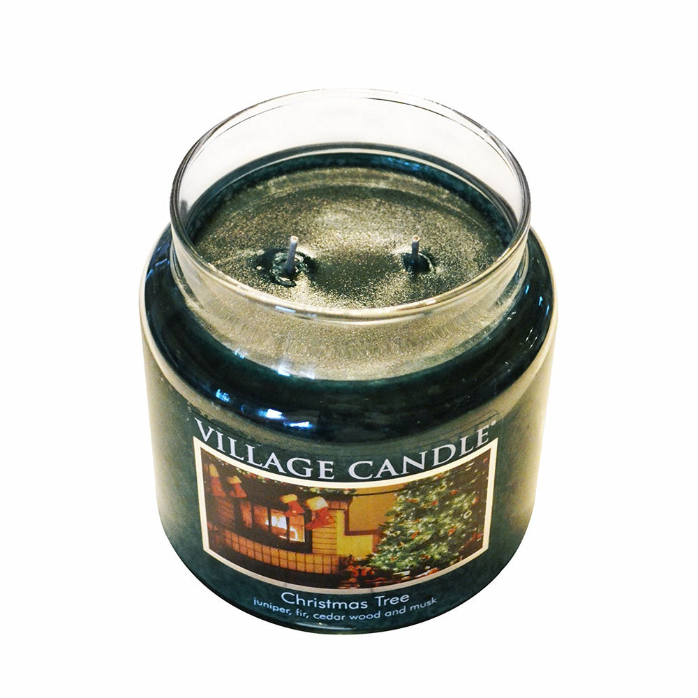 Village Candle gros plan cire et double mèches garantissant combustion uniforme