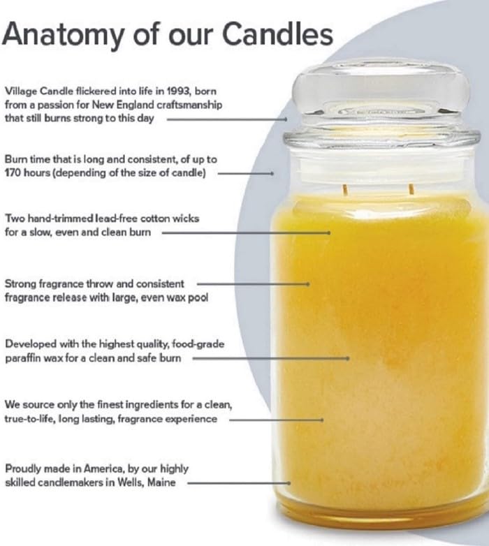 Village Candle étiquette lisible et informations produit mettant en valeur la qualité