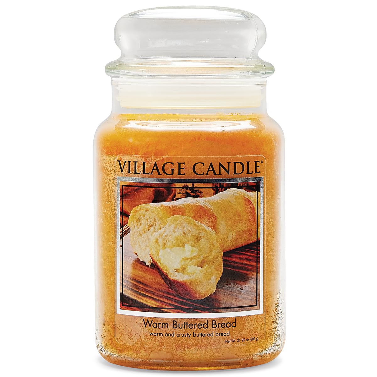 Village Candle pot en verre face montrant le design et décor chaleureux