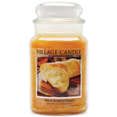 Village Candle pot en verre face montrant le design et décor chaleureux