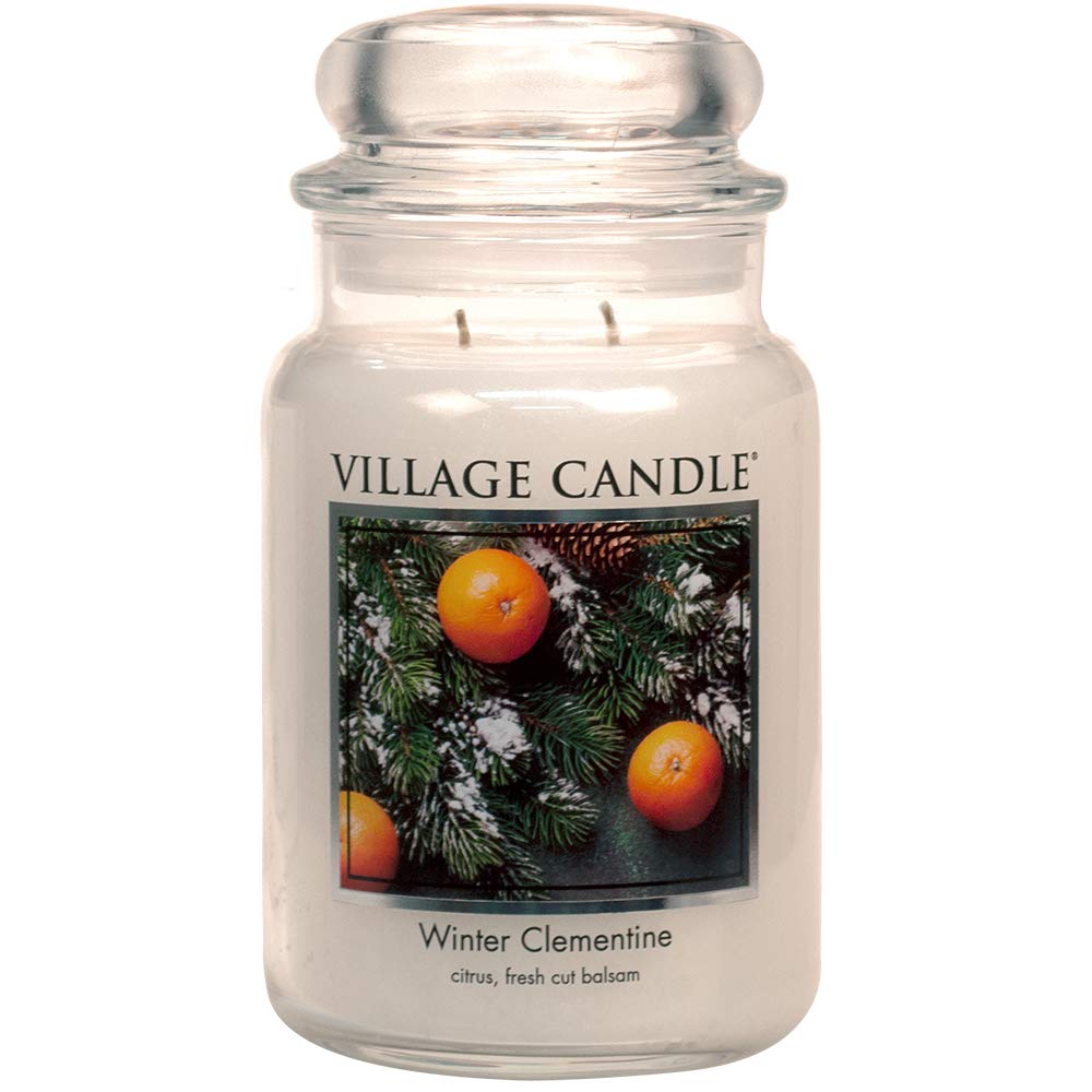 Village Candle pot apothicaire Winter Clementine vue de face, design blanc élégant