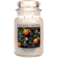 Village Candle pot apothicaire Winter Clementine vue de face, design blanc élégant