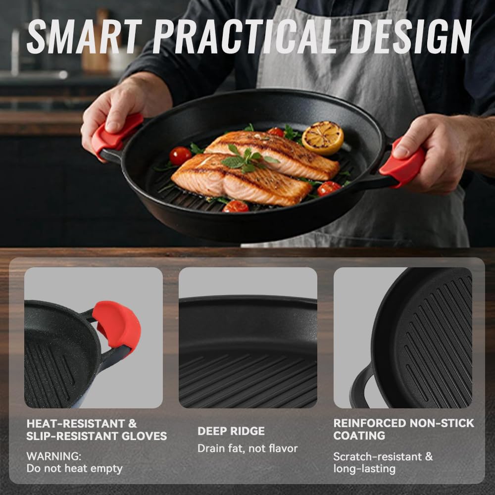 Vinchef poêle en usage avec steak grillé pour marques et cuisson uniforme