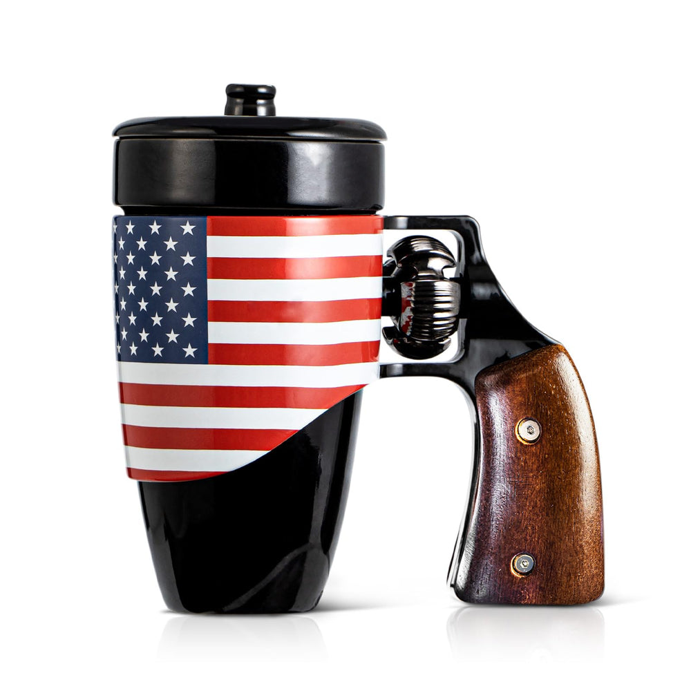 VIREESR mug face avant montrant le design revolver et l'esthétique unique