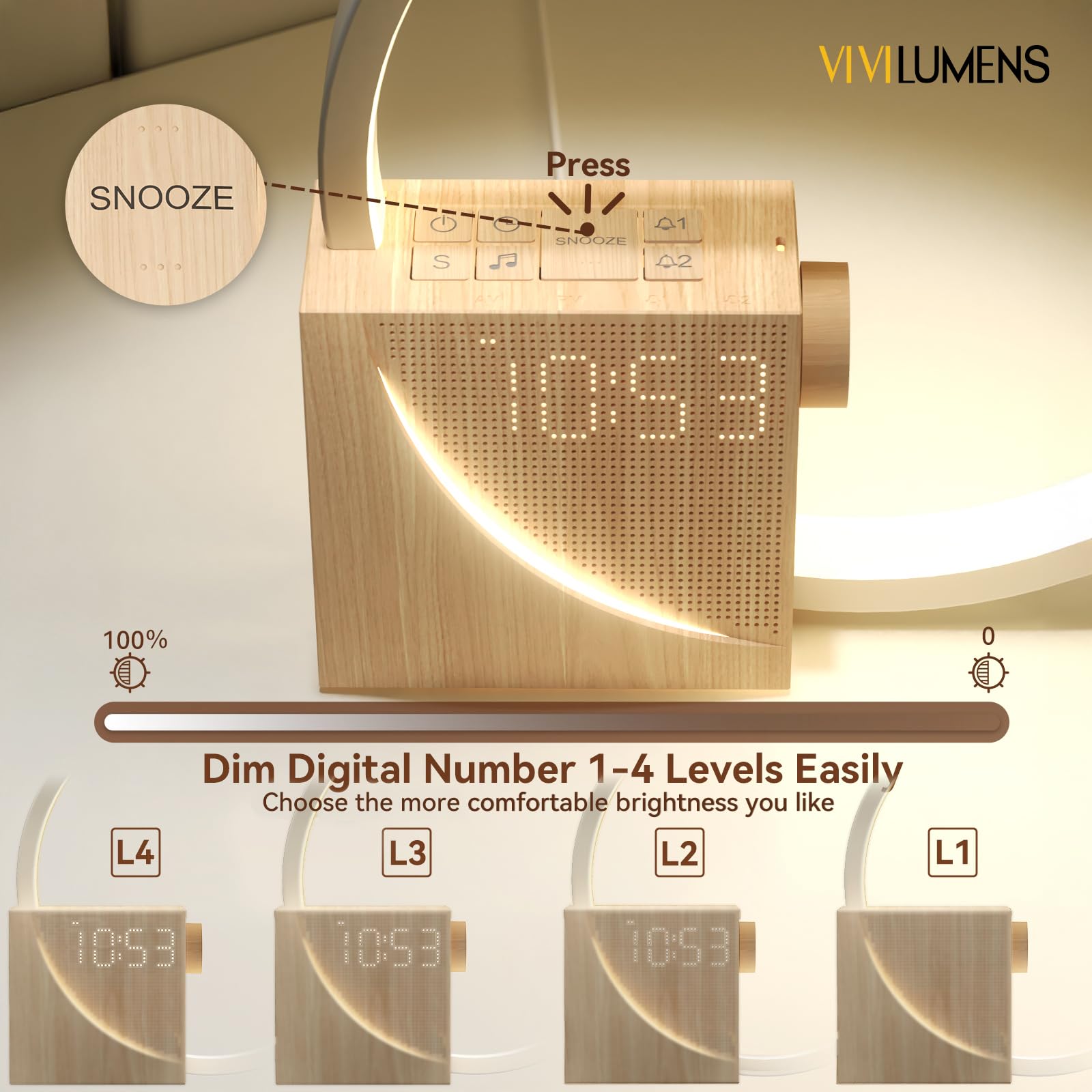 Vivilumens port USB visible et câble, recharge pratique d'un smartphone au réveil