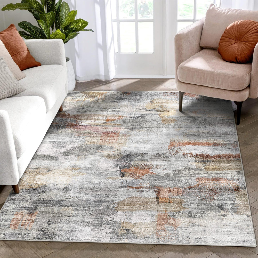 vivorug vue frontale du tapis 4'x6' montrant motif gris et rouille, ajoute confort visuel