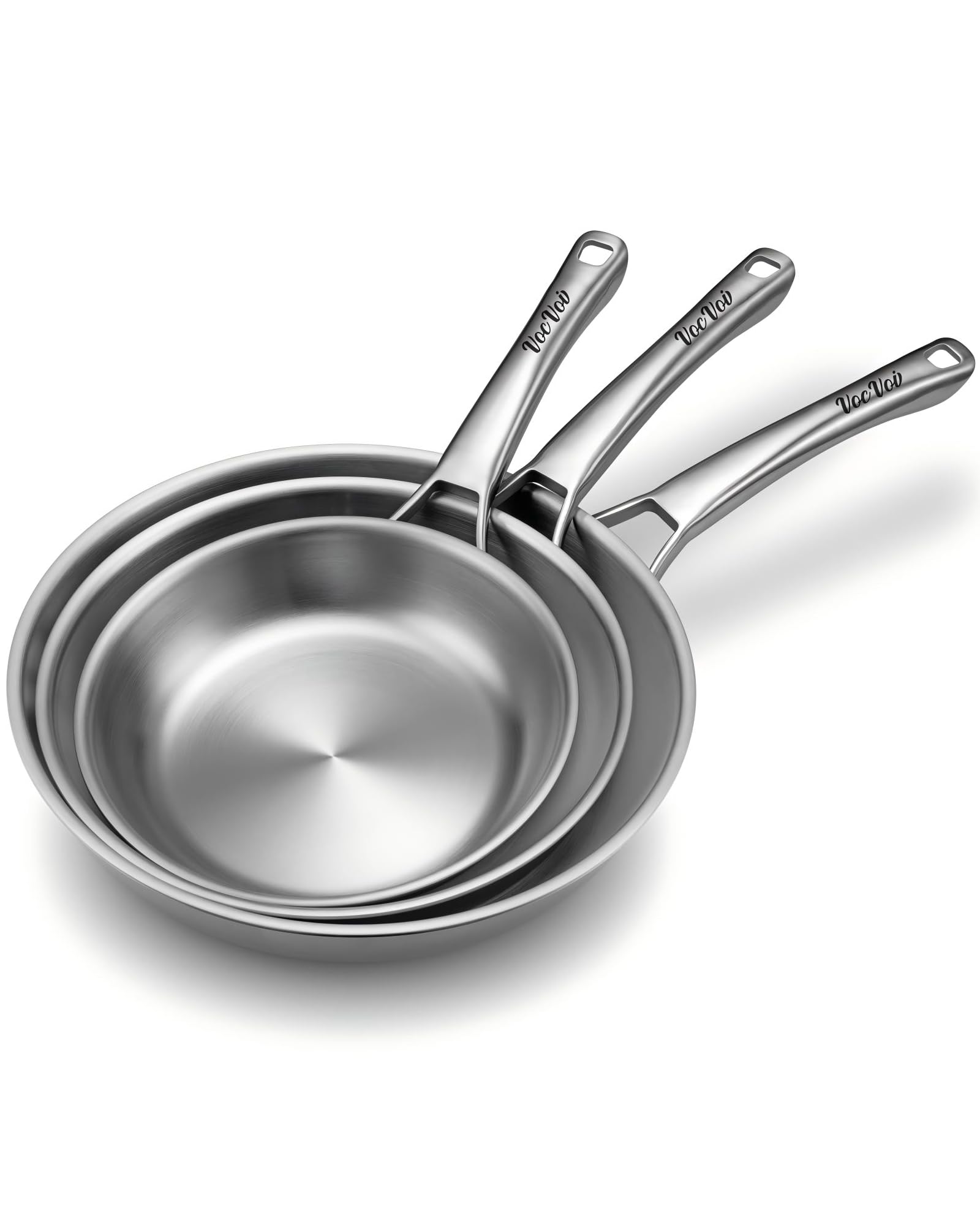 VocVoi ensemble de trois poêles face avant montrant finition inox et tailles, qualité durable