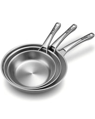 VocVoi ensemble de trois poêles face avant montrant finition inox et tailles, qualité durable