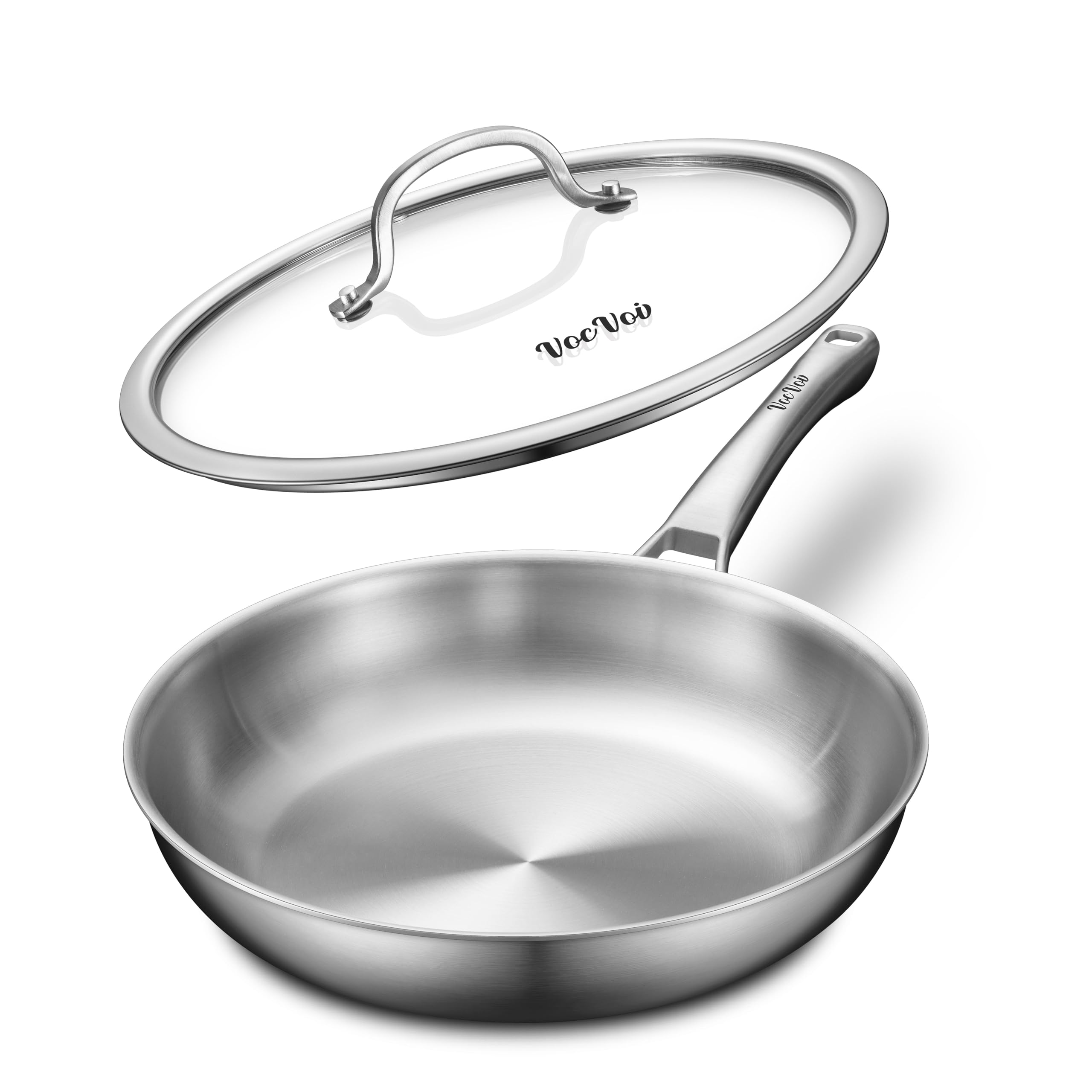 VocVoi poêle inox 12 pouces face avec couvercle montrant finition durable