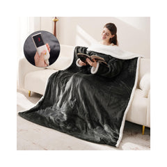 VOLISUN vue frontale du plaid chauffant gris montrant manches et poches pour confort mobile