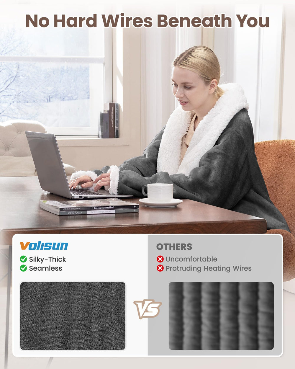 VOLISUN plaid chauffant utilisé sur canapé pour détente chaude et mains libres