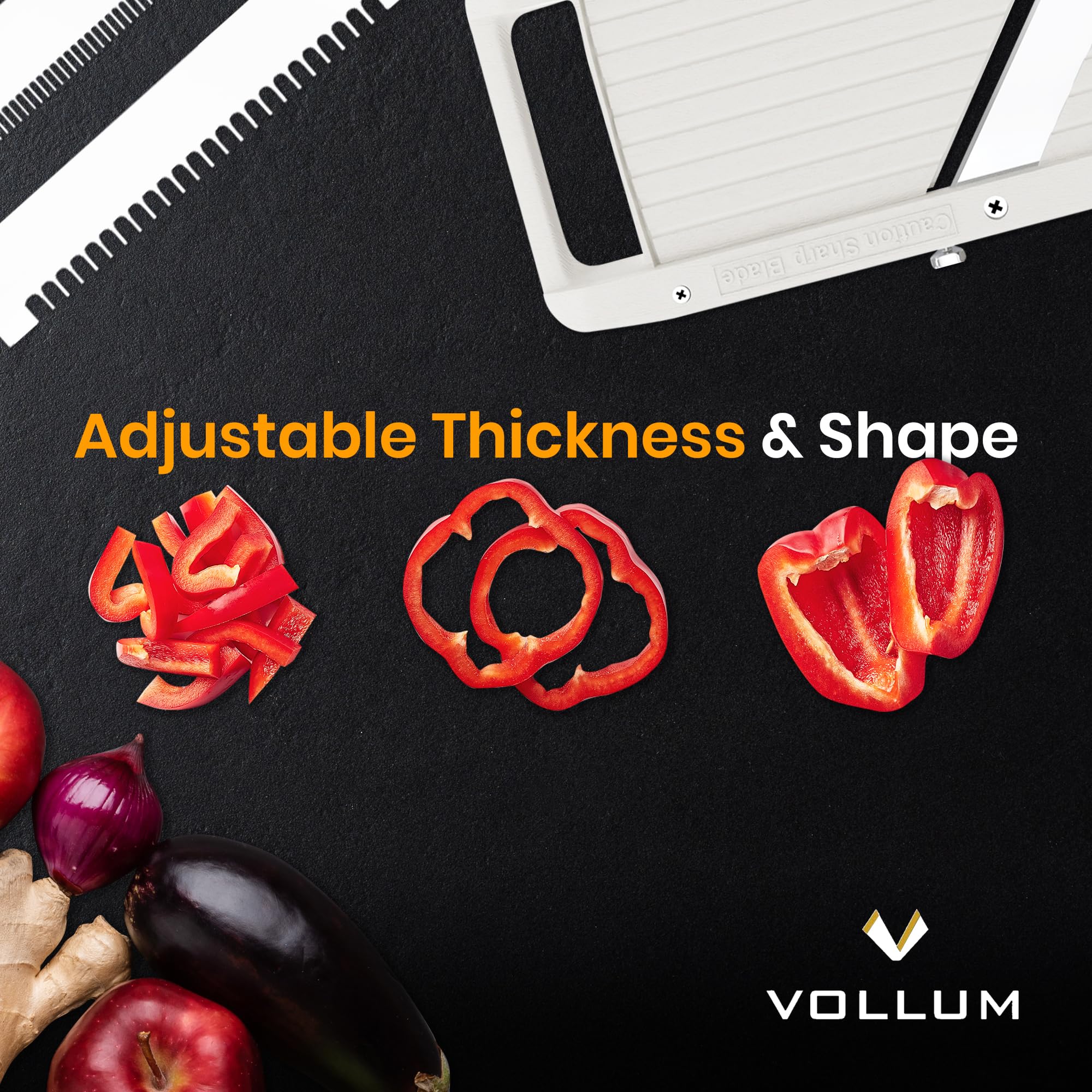 Vollum mandoline en utilisation posée sur plan de travail efficace