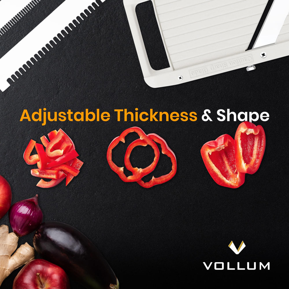 Vollum mandoline en utilisation posée sur plan de travail efficace