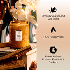 Voluspa bougie Baltic Amber allumée créant une ambiance chaleureuse et apaisante