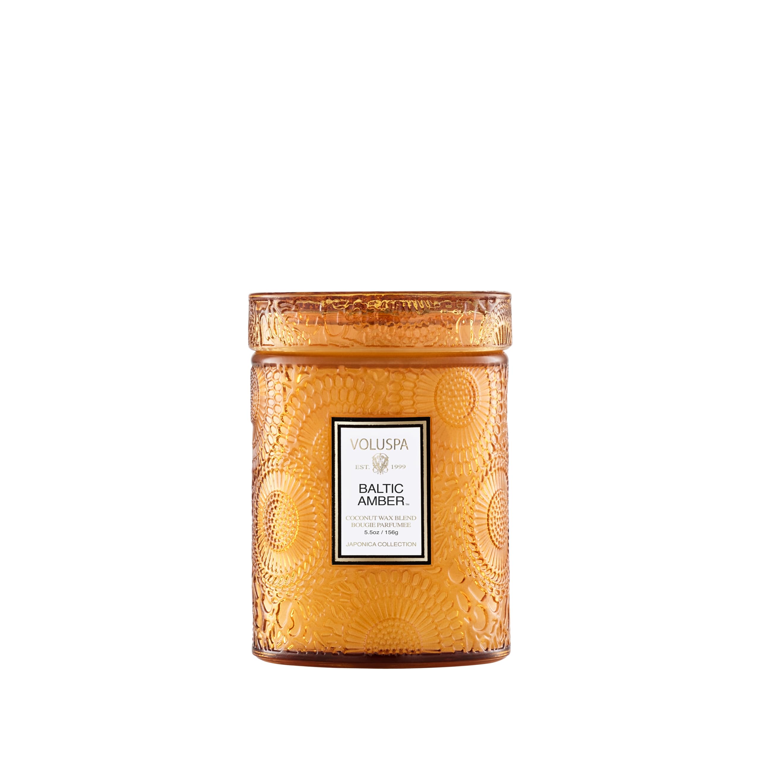 Voluspa jarre frontale Baltic Amber montrant design floral et élégance décorative