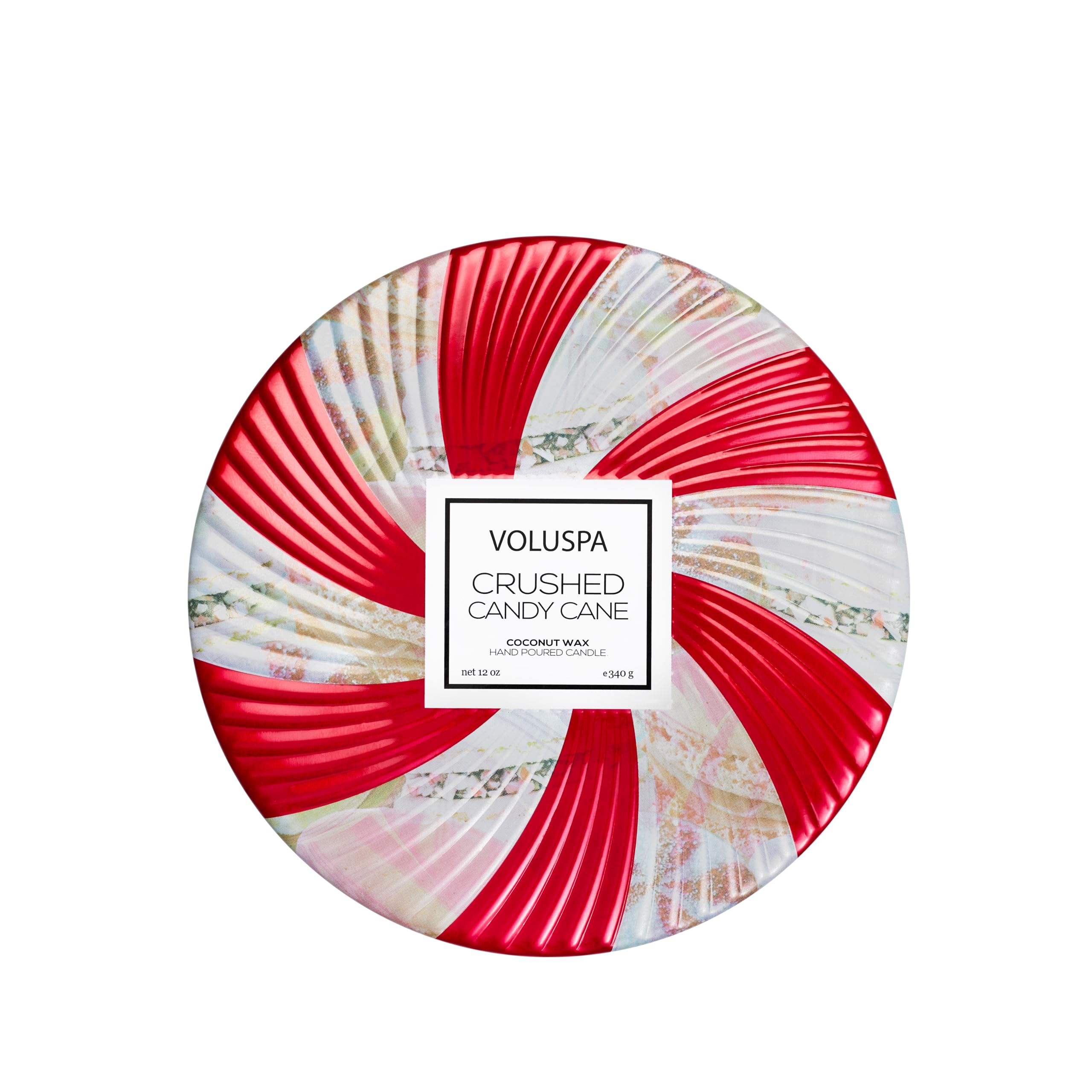 Voluspa bougie tin face montrant le design et parfum festif