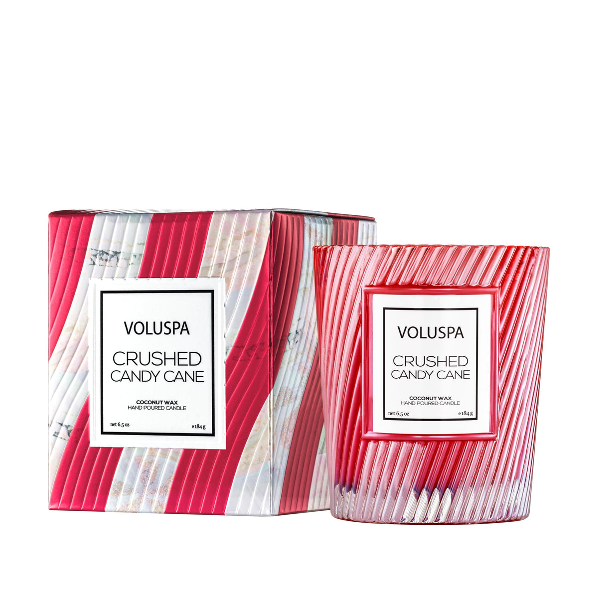Voluspa bougie Crushed Candy Cane en boîte avant prêt à offrir, design élégant