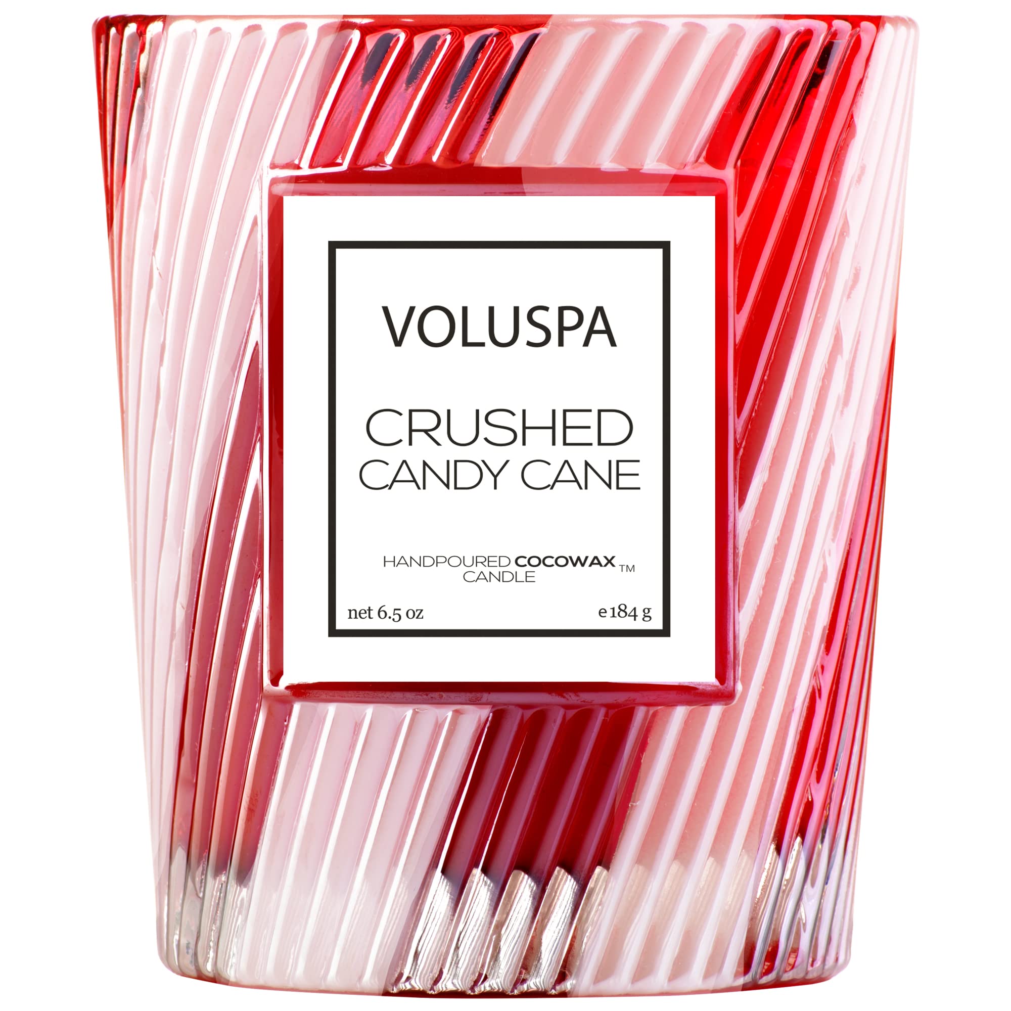 Voluspa bougie Crushed Candy Cane verre et étiquette visible, qualité artisanale