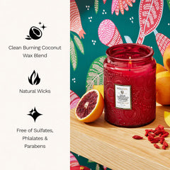 Voluspa étiquette et inscription produit détail confirmant parfumerie premium