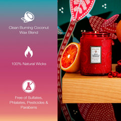 Voluspa détail de l'étiquette indiquant la fragrance unique et artisanale