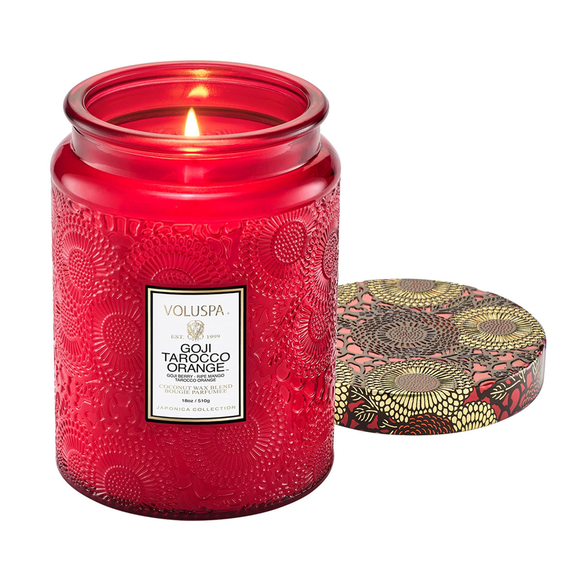 Voluspa jarre face Goji Tarocco Orange montrant design et élégance