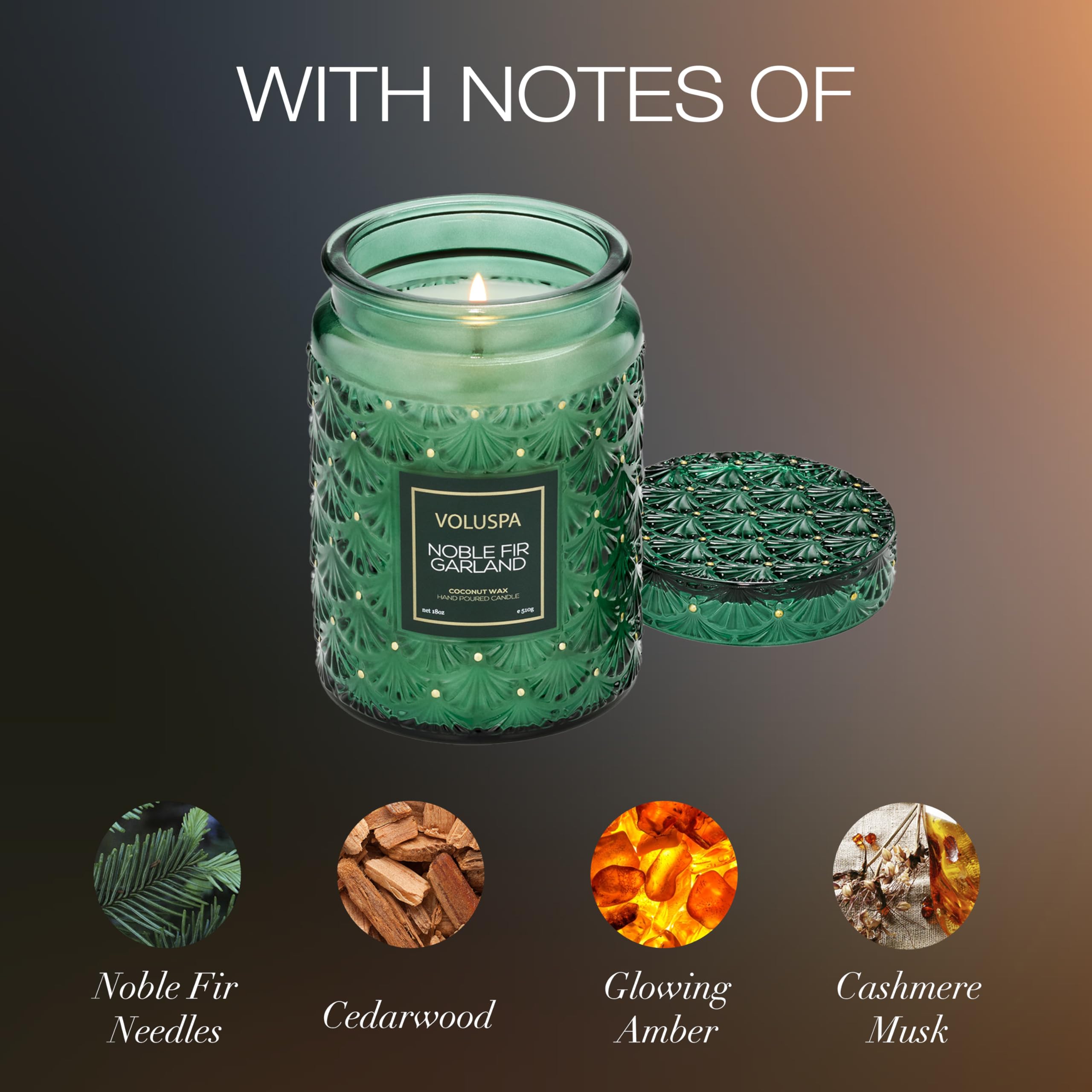 Voluspa étiquette détaillée montrant nom du parfum et finition premium