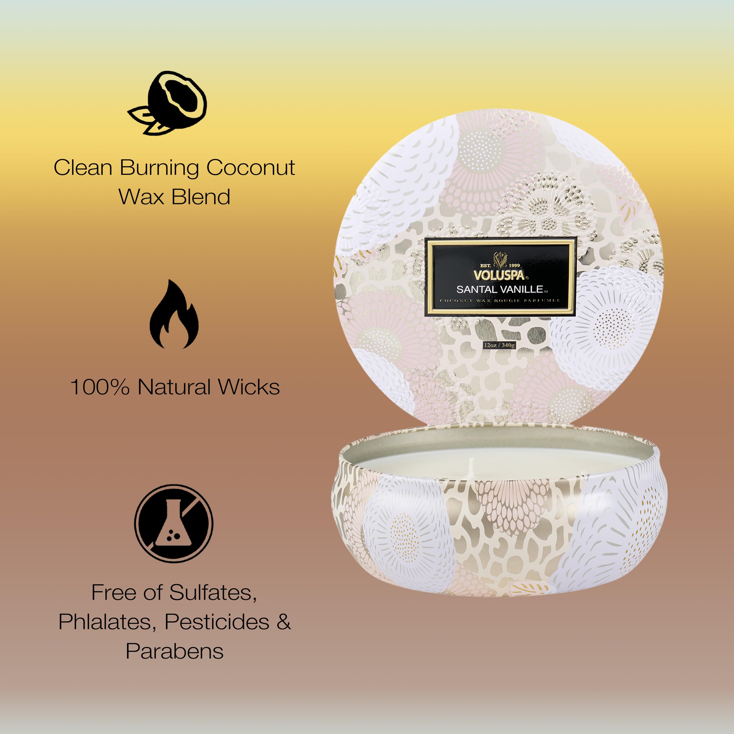 Voluspa santal vanille cuillère cire illustrant texture propre et combustion nette