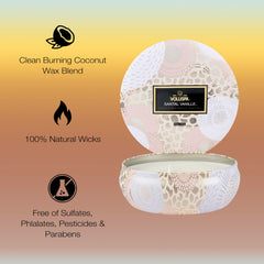 Voluspa santal vanille cuillère cire illustrant texture propre et combustion nette