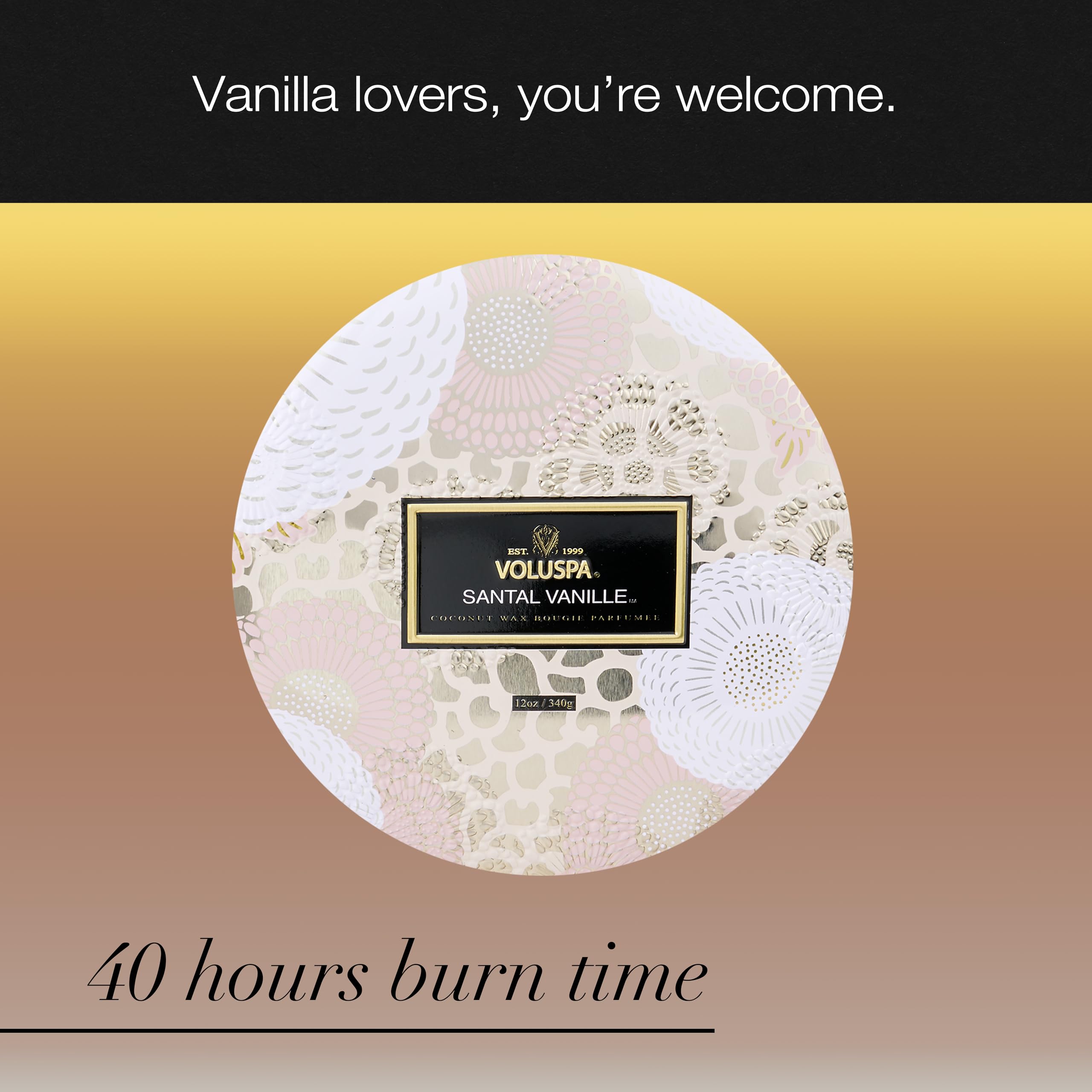 Voluspa santal vanille comparaison taille montrant format 12 oz pratique