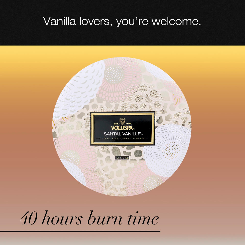 Voluspa santal vanille comparaison taille montrant format 12 oz pratique