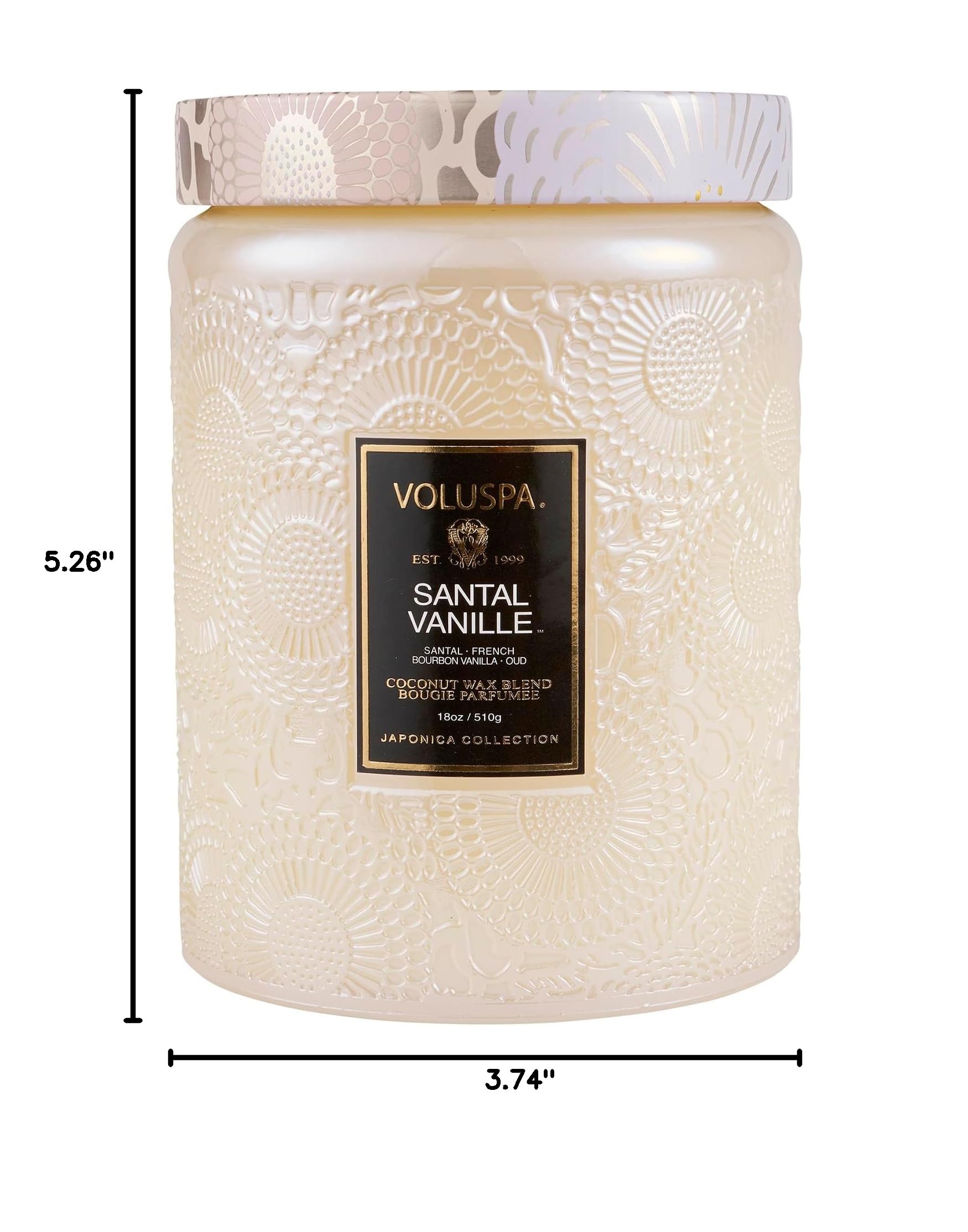 Voluspa étiquette Santal Vanille montrant notes vanille et santal
