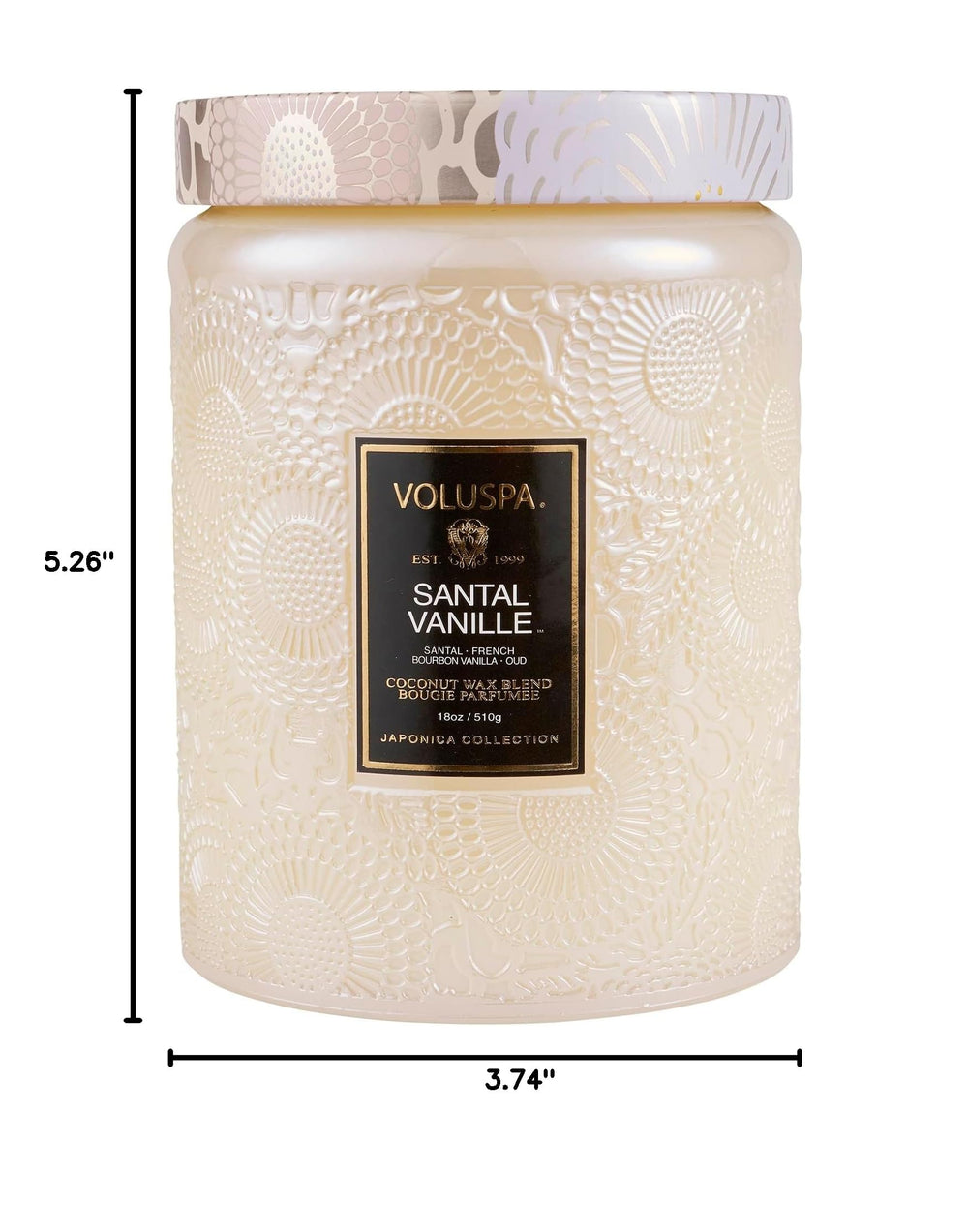 Voluspa étiquette Santal Vanille montrant notes vanille et santal