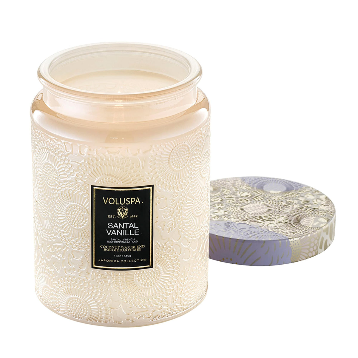 Voluspa pot blanc avant avec design élégant et parfum enveloppant