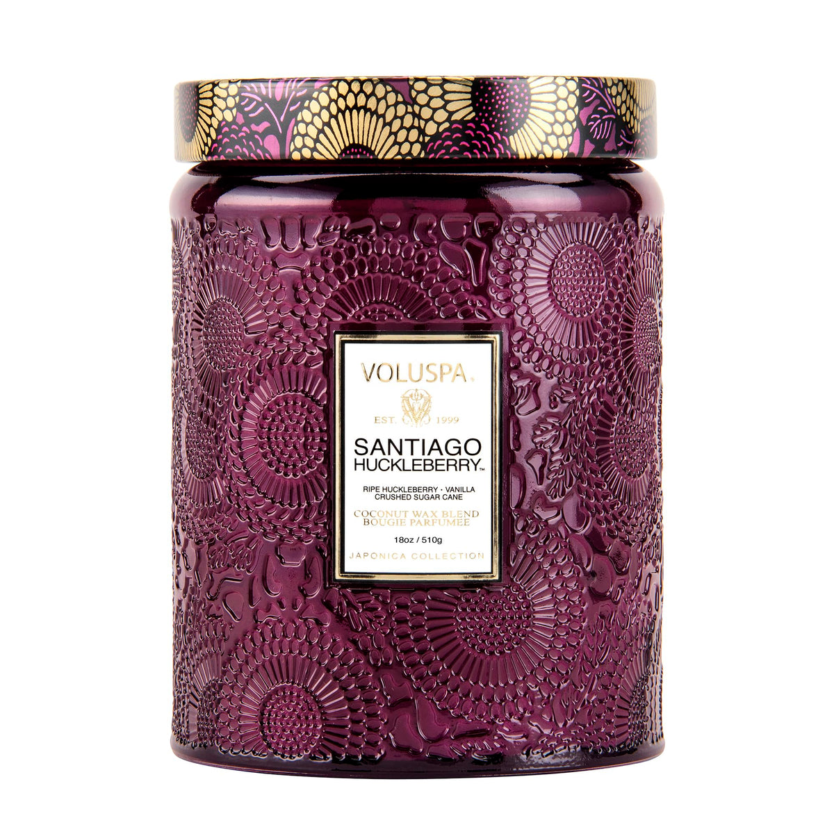 Voluspa jarre face montrant le design floral et l'élégance décorative