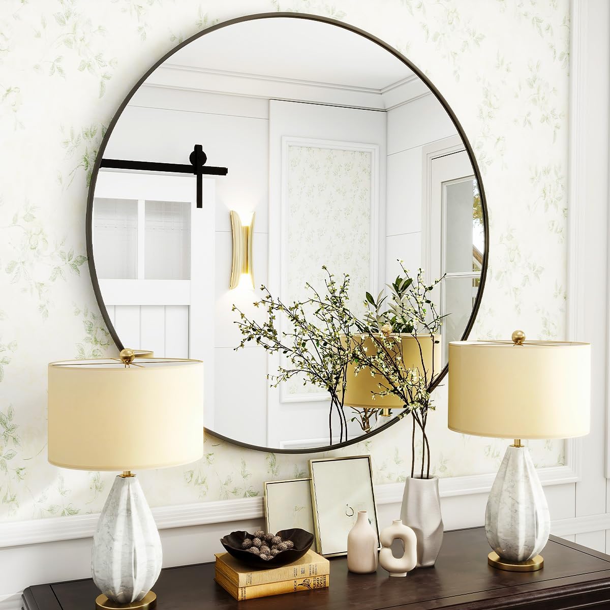 VooBang miroir posé sur cheminée illustrant option sans perçage pratique