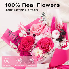 Vrioca gros plan sur rose stabilisée montrant texture et couleur fidèle