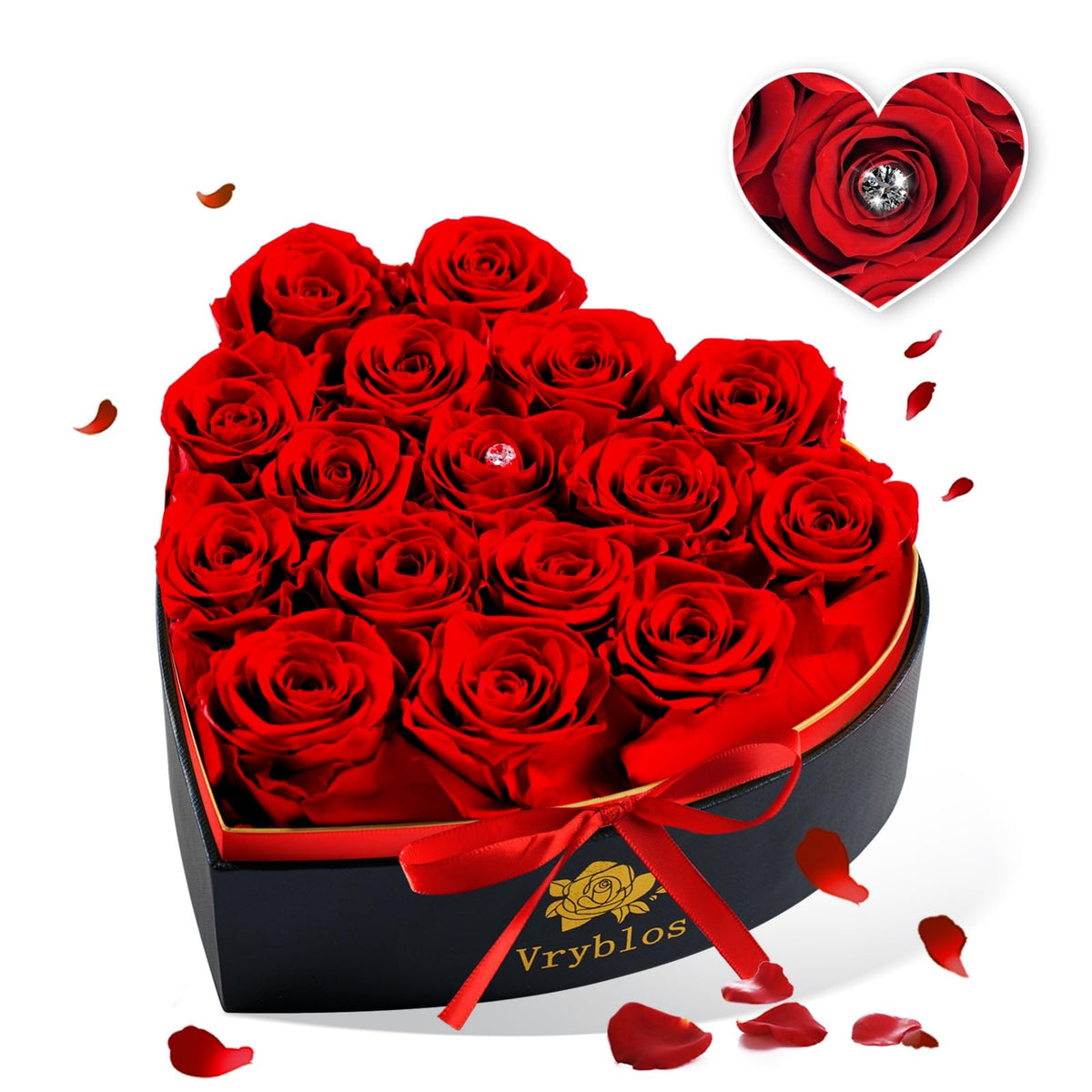 Vryblos boîte cœur vue de face montrant 16 roses rouges et impact décoratif