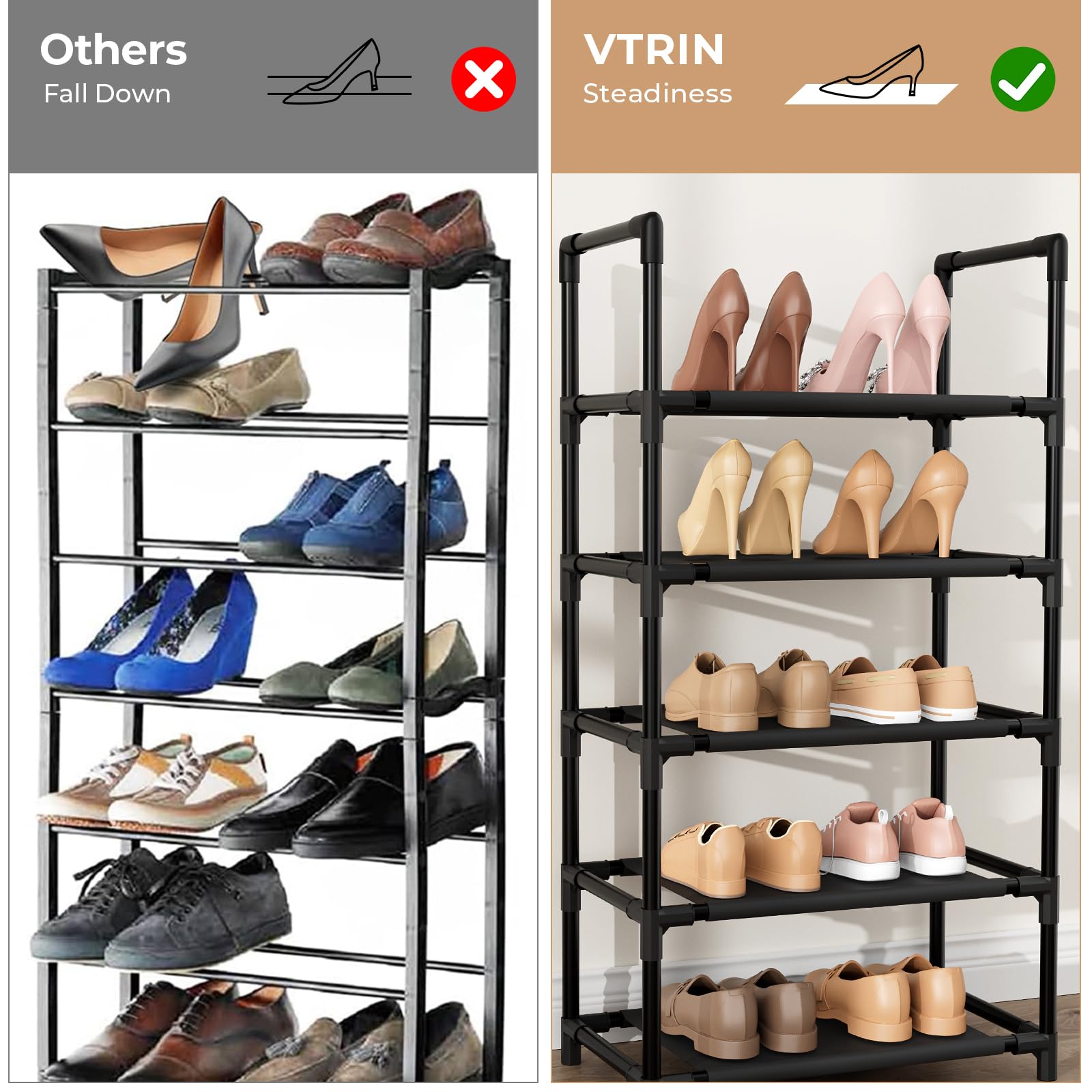 VTRIN étagères remplies 20–25 paires organisation visible et ordonnée