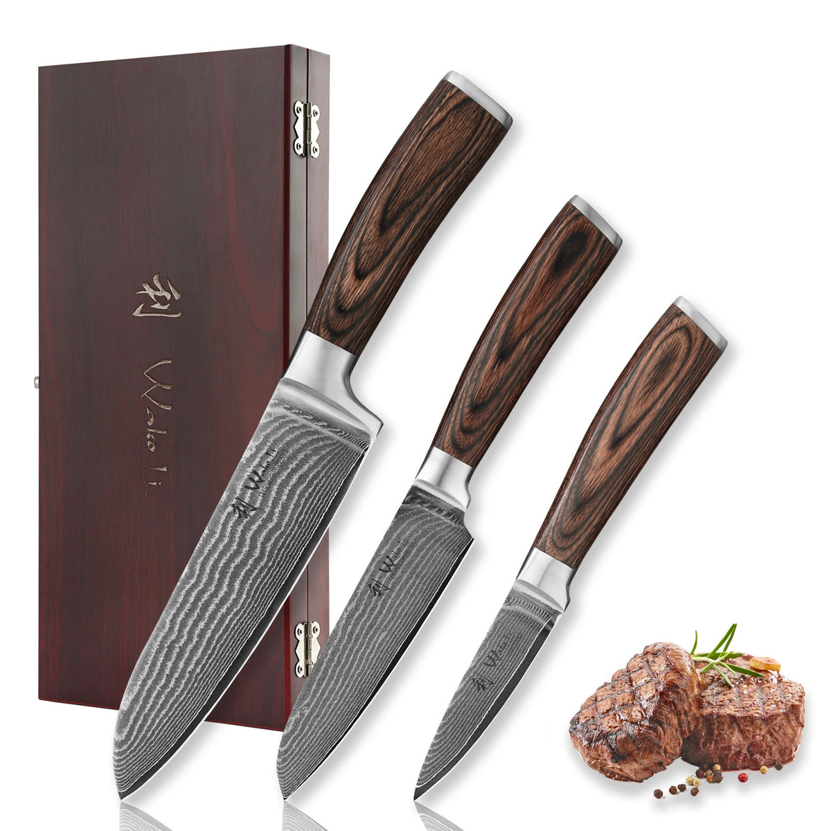 Wakoli coffret ouvert montrant trois couteaux pour un cadeau élégant