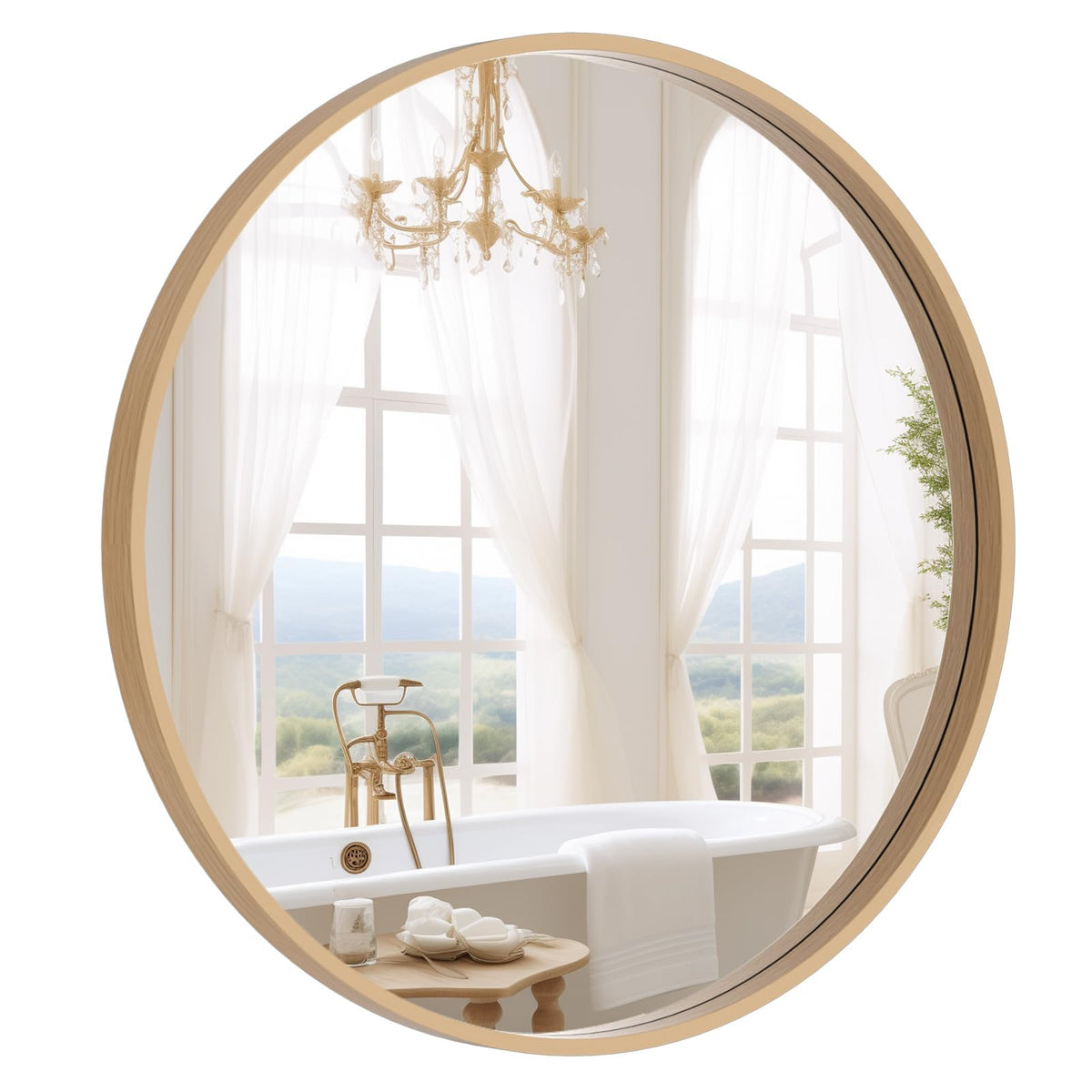 WallBeyond miroir rond face montrant esthétique naturelle et agrandissement visuel
