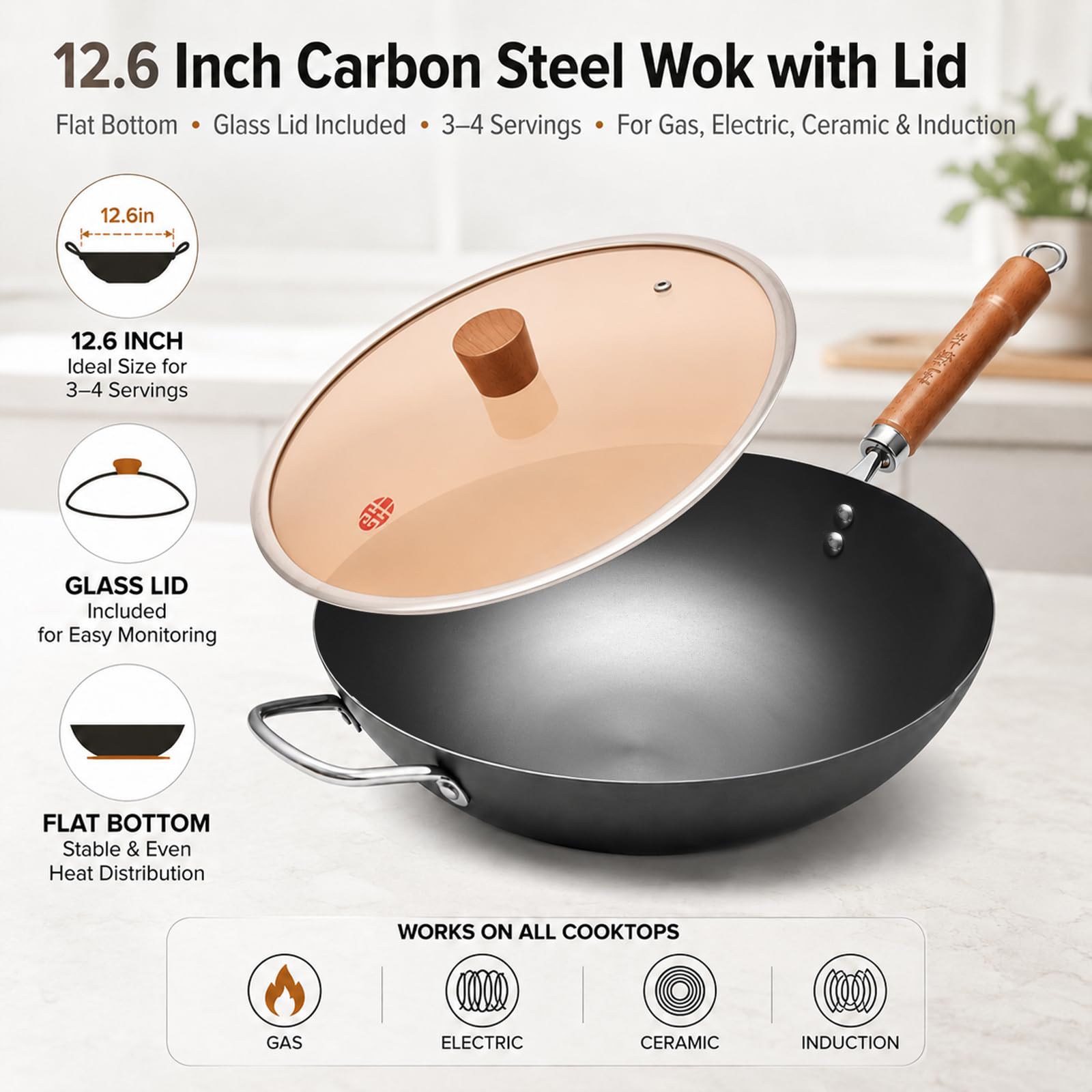 WANGYUANJI wok avec couvercle en verre montrant préparation et contrôle visuel