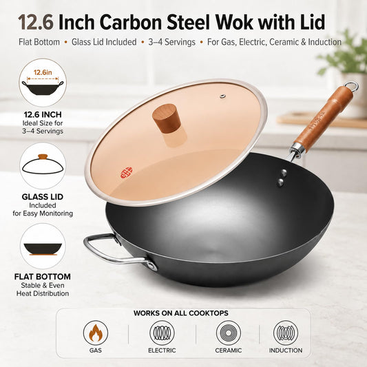 WANGYUANJI wok avec couvercle en verre montrant préparation et contrôle visuel