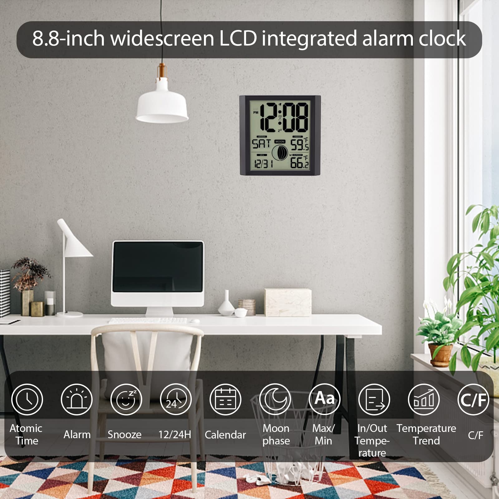 Warminn horloge posée sur bureau montrant alarme active
